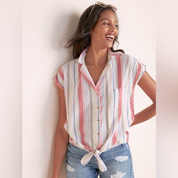Old Navy Size M Multi-striped Notch Collar Tie Front Shirt Cotton/Rayon - Picture 1 of 5